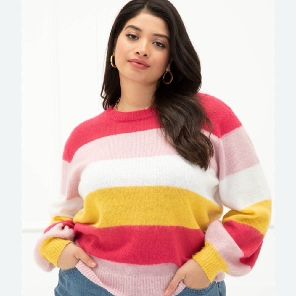 Eloquii Stripe Colorblock Fuzzy Knit Sweater Acrylic Sz 18-20 Balloon Sleeve